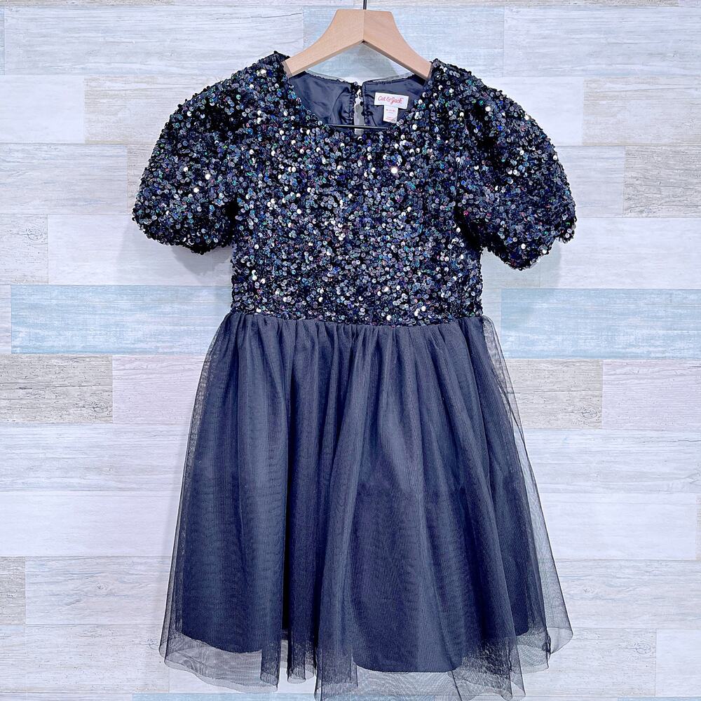 Cat & Jack Sequin Tulle Skirt Dress Black Short Cap Sleeve Girls Medium 7/8